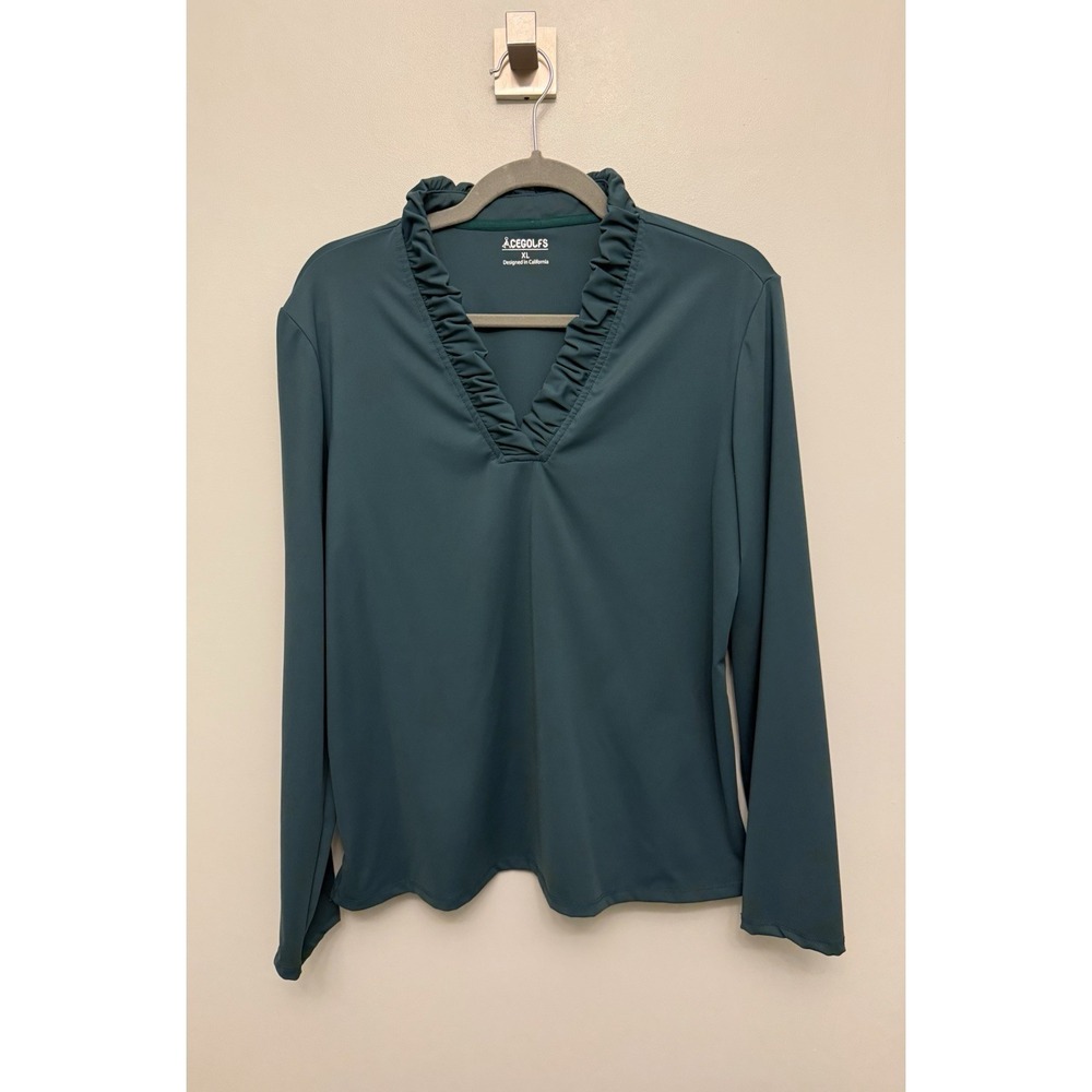 ACEGOLFS Golf Polo Top Women's Size XL Green Ruffle V-Neck UPF50+ Long Sleeve